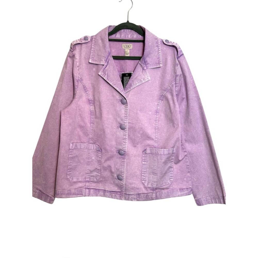 LOGO Lori Goldstein Lavender Denim Jacket Utility Button Front Stretch M NWT